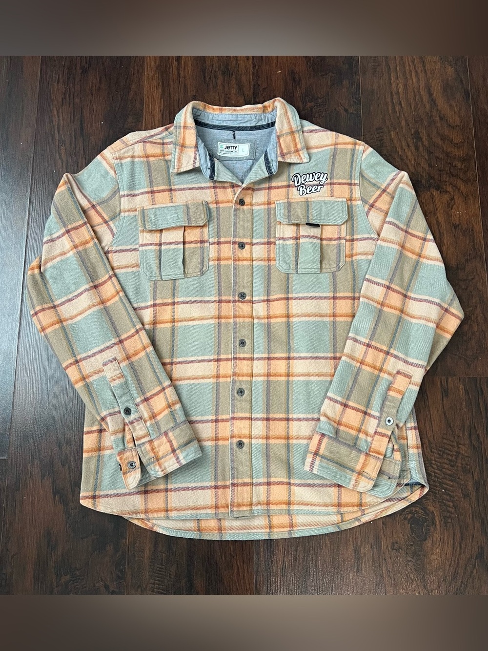 Jetty x Dewey Beer Co Flannel Shirt Mens L Sage Orange Plaid Button Up